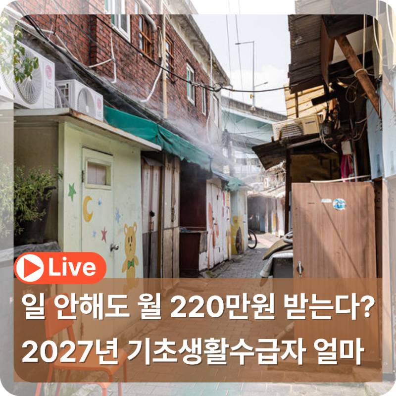 일 안해도 월 220만원 받는다는 2027년 기초생활수급자 1인 2인 지원금 얼마