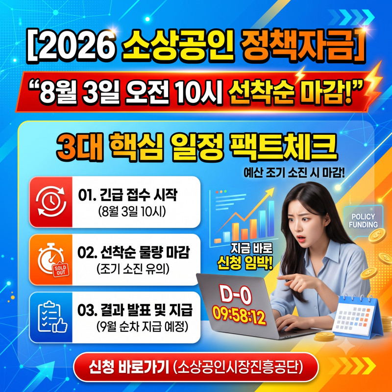 [2026 소상공인 정책자금] "8월 3일 오전 10시 선착순 마감!" 3대 핵심 일정 팩트체크