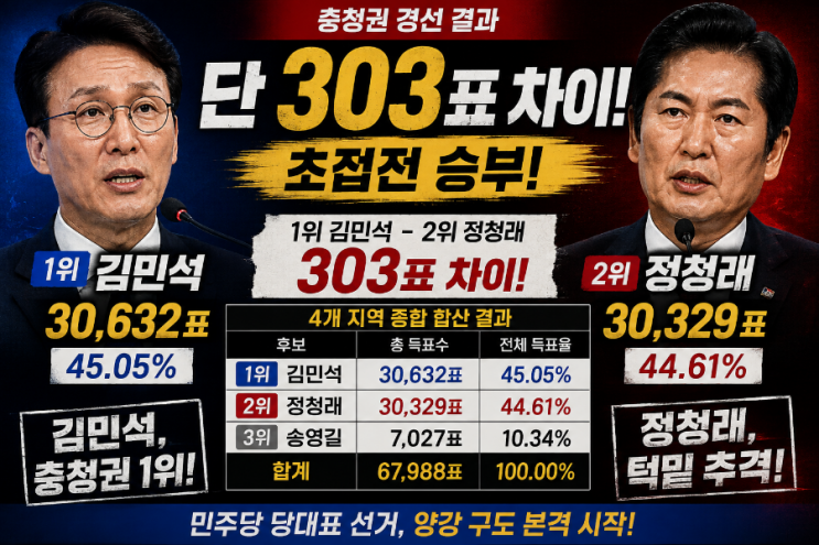 <b>김민석</b>, 민주당 <b>충청</b> 경선 303표 차이로 <b>1위</b>…정청래와 초접전... 