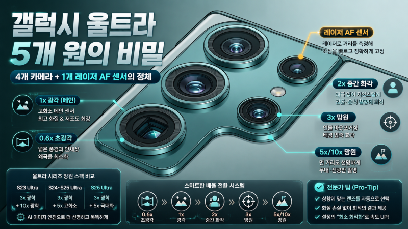 갤럭시 S23~S26 울트라 카메라 완벽 가이드: 후면 5개 원의 비밀과 배율별 촬영법 총정리