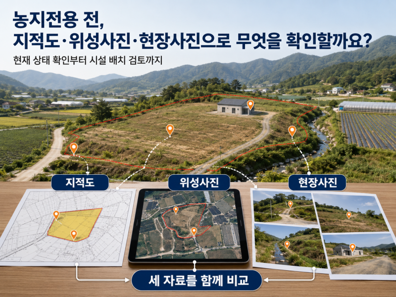 농지전용 전 지적도·위성사진·현장사진으로 확인할 사항과 배치도 검토방법