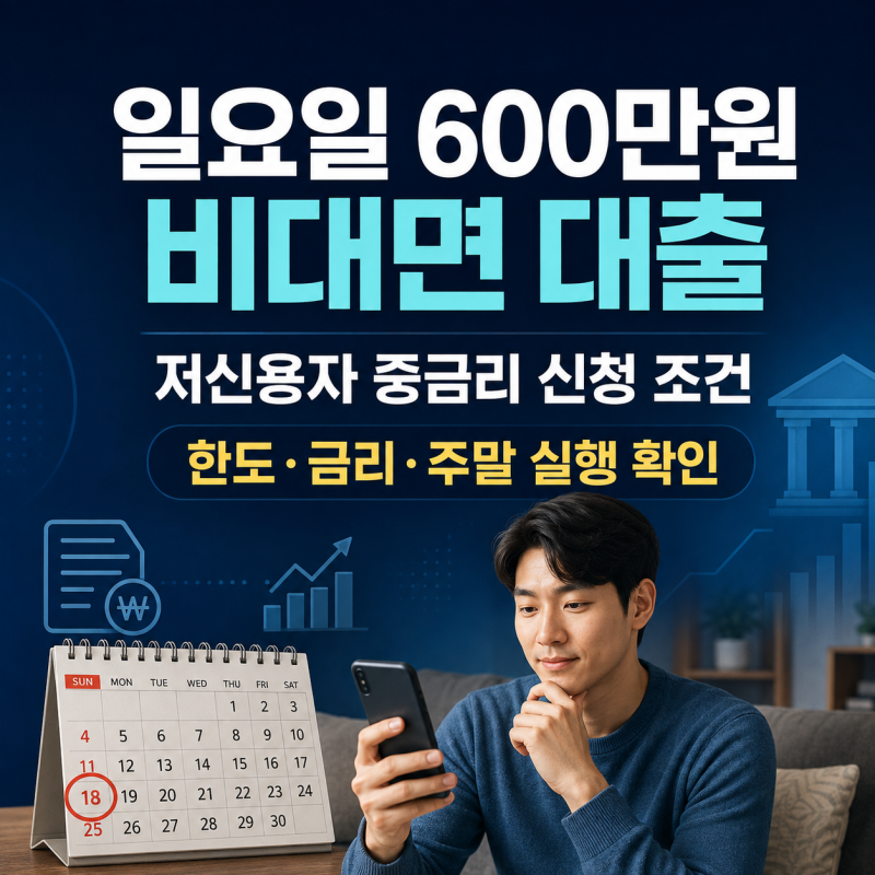 일요일 600만원 저신용자 비대면 소액대출 방법, 중금리 저축은행 신청 조건 금리 비교