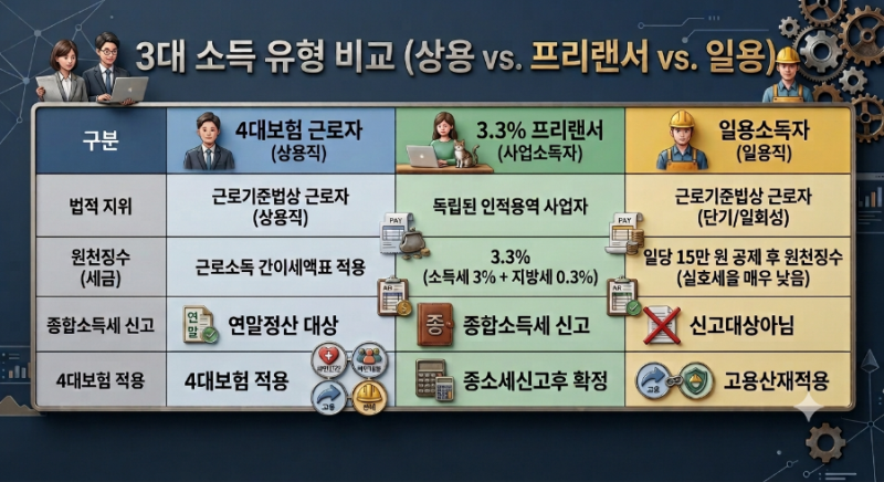 4대보험 근로자 vs 3.3% 프리랜서 vs 일용직, 소득 신고 차이와 세금 총정리!
