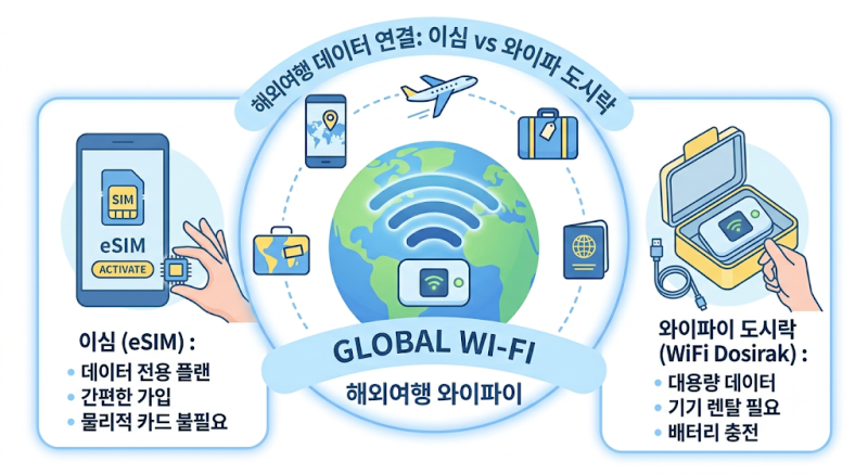 해외여행 데이터, 이심(eSIM) 쓸까 와이파이 도시락 빌릴까? 한눈에 정리!