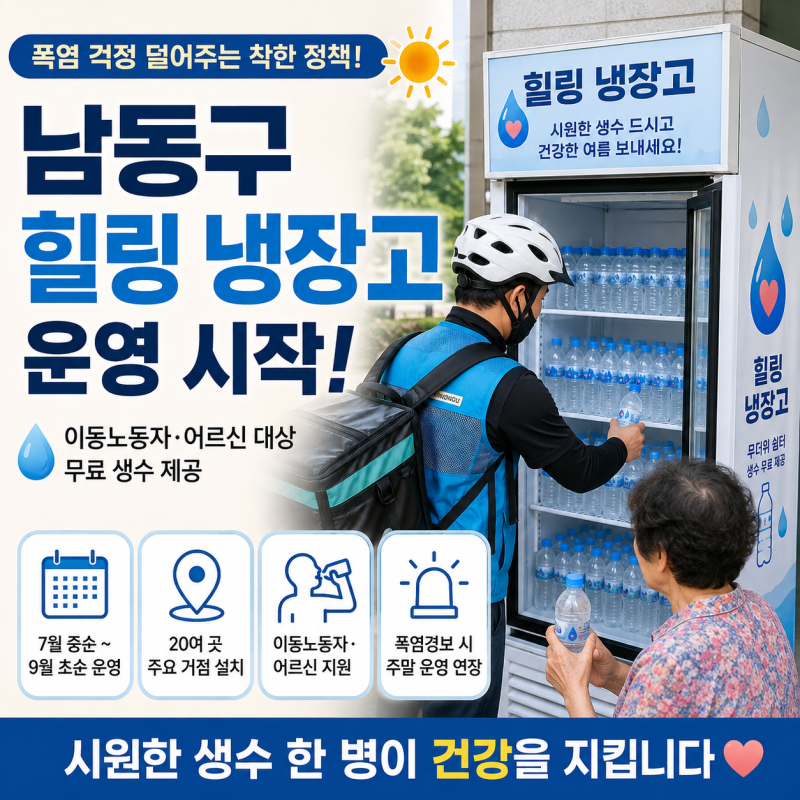 남동구 힐링 냉장고 운영 시작! 폭염 속 이동노동자·어르신 위한 무료 생수 지원 총정리