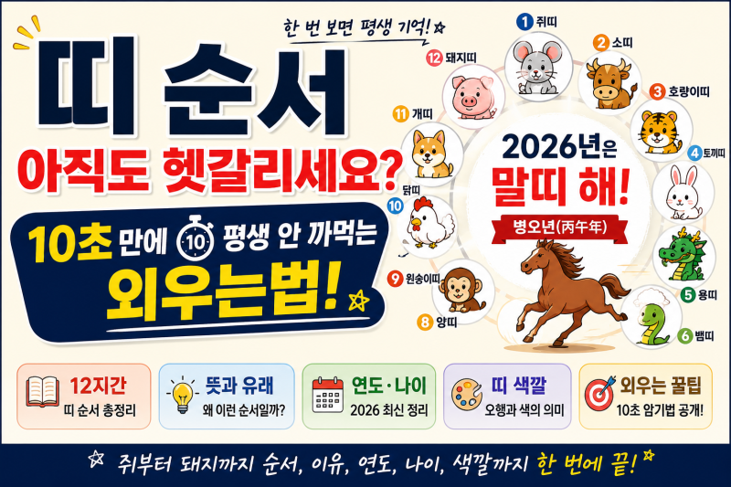 띠 순서 아직도 헷갈리세요? 10초 만에 평생 안 까먹는 외우는법(12지간·뜻·2026·연도·나이·....