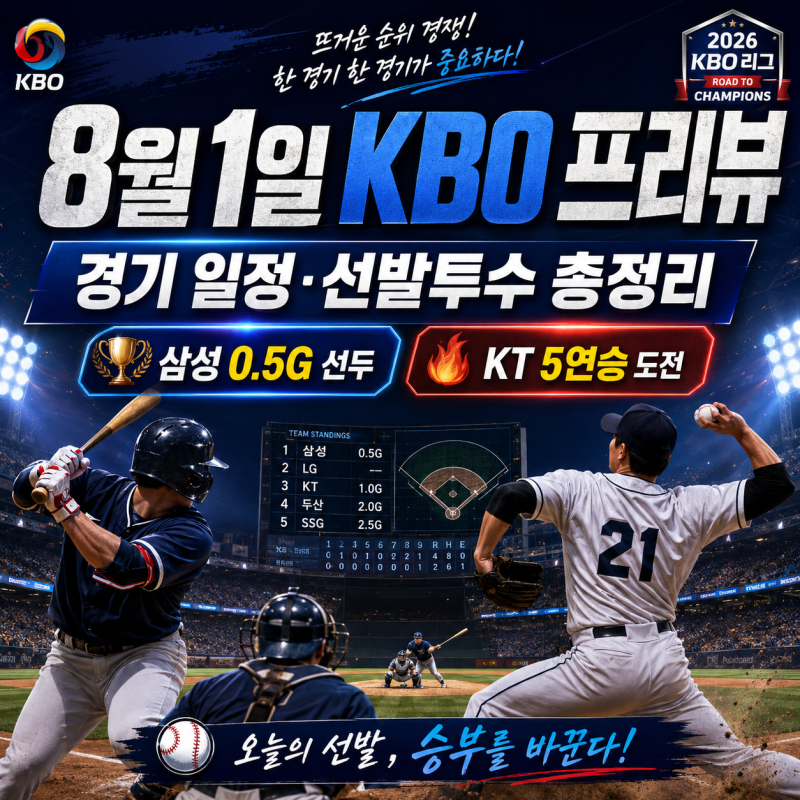 2026년 8월 1일 KBO 경기 일정·선발투수 총정리｜삼성·KT 0.5경기 차 선두 전쟁