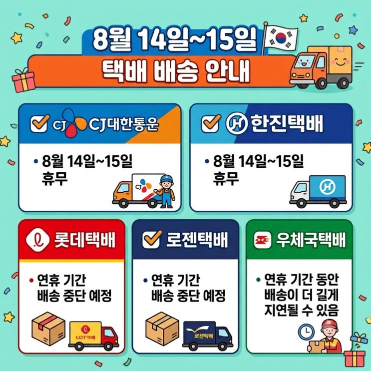 2026 택배 없는 날 언제? 8월 <b>광복절</b> 연휴 택배 배송 일정 확인하세요