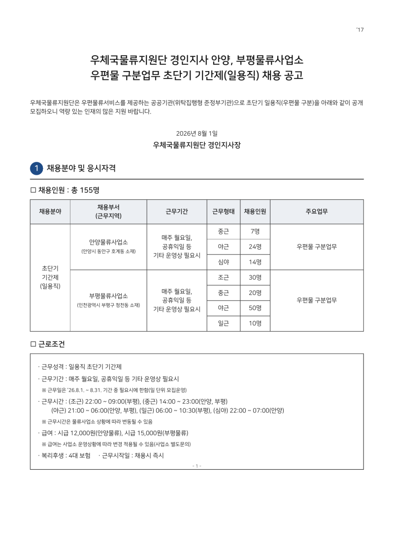 우체국물류지원단 2026년 8월 단기 기간제 155명 뽑습니다