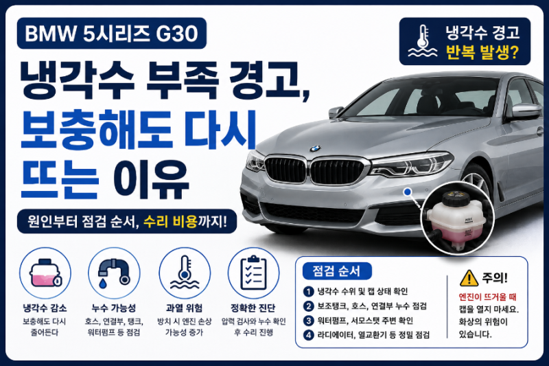 BMW 5시리즈 G30 냉각수 부족 경고 보충해도 다시 뜨는 이유