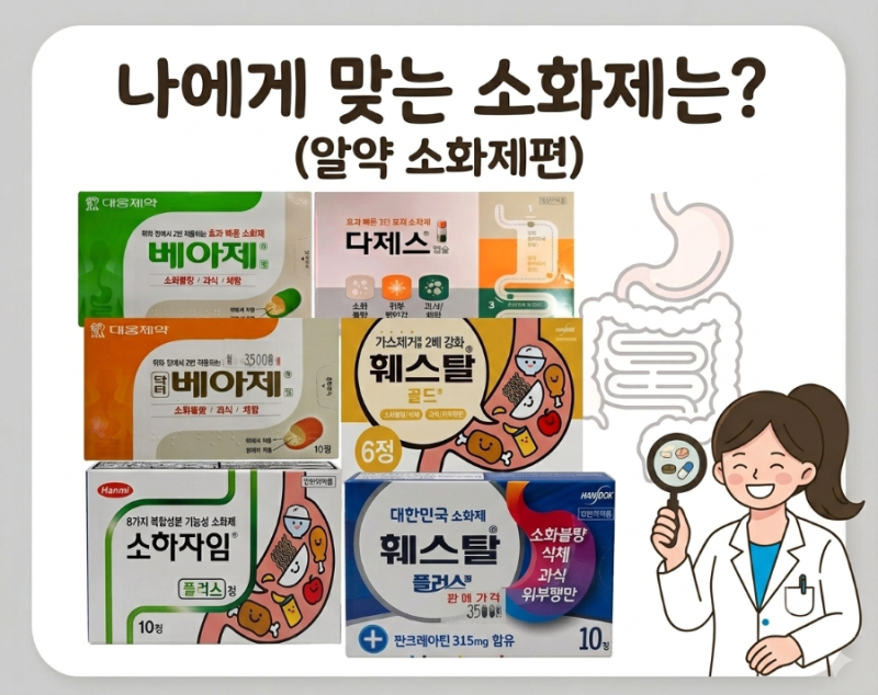 약사의 소화제 시리즈) 약국 알약 소화제 6종 비교, 주의사항 등 (훼스탈, 베아제, 다제스, 소....