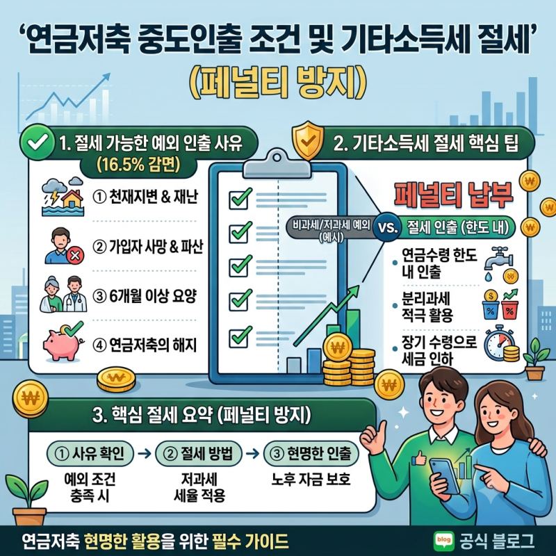연금저축 중도인출 조건 및 기타소득세 절세 (16.5% 세금 감면, 예외 인출 사유, 페널티 방지)