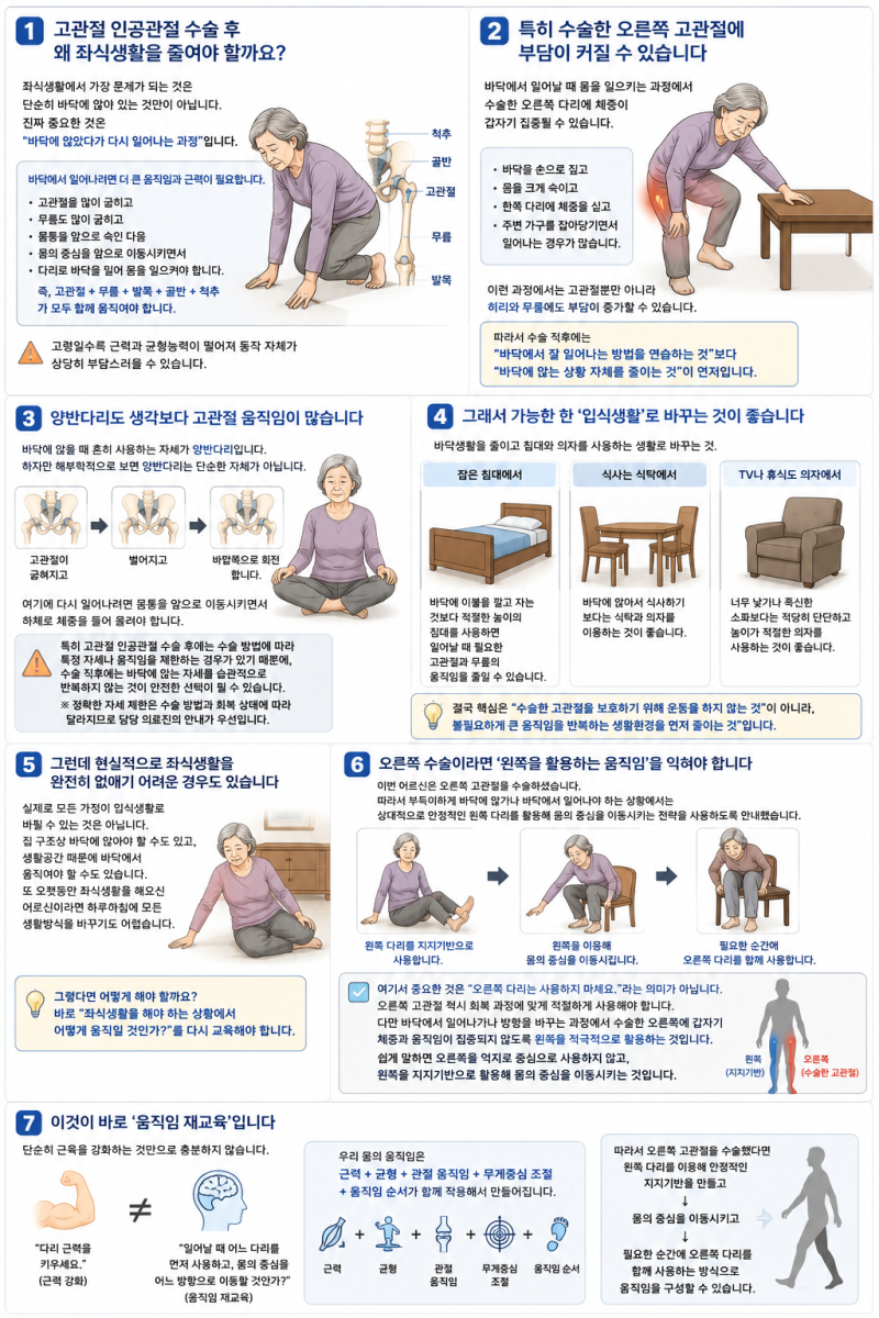 고관절 인공관절 수술 후, 왜 좌식생활을 피해야 할까요?부득이하게 바닥생활을 해야 한다면....