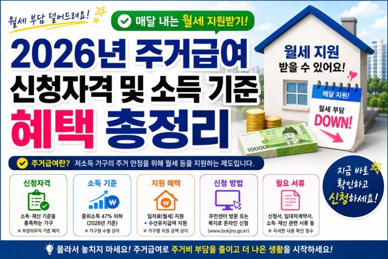 매달 내는 월세 지원받기 2026년 주거급여 신청자격 및 소득 기준 혜택 총정리