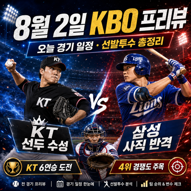 2026년 8월 2일 KBO 경기 일정·선발투수 총정리｜KT 선두 수성, 삼성 사직 반격 나선다