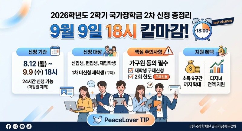 2학기 국가장학금 2차 신청 9월 9일 마감 ⏰ 2026 신입생·1차 놓친 재학생 지금 준비하세요 ️