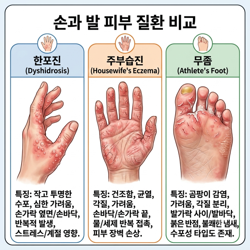 손가락 한포진 vs 주부습진 vs 무좀, 초기 증상 구별 및 관리법