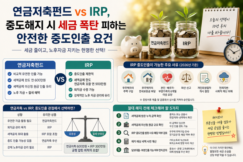 연금저축펀드 vs IRP, 중도해지 시 세금 폭탄 피하는 안전한 중도인출 요건 총정리