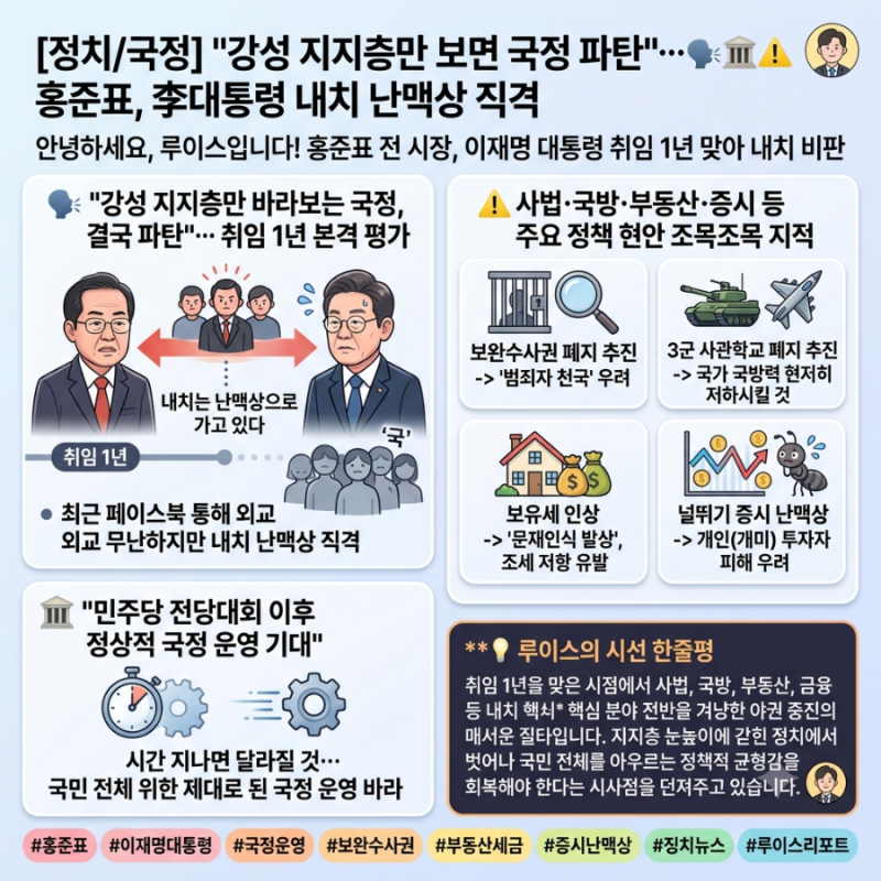 [정치/국정] "강성 지지층만 보면 국정 파탄"… 홍준표, 李대통령 내치 난맥상 직격 ️️⚠️