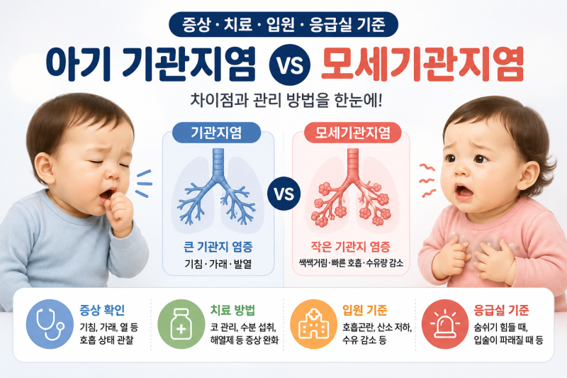 아기 유아 기관지염과 모세기관지염 차이점, 전염 증상 원인 치료 방법 입원 응급실 기준