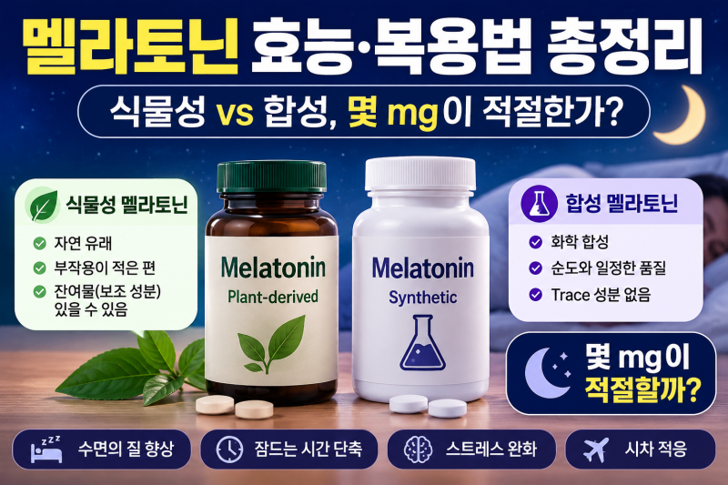 멜라토닌 효능·복용법 총정리 — 식물성 vs 합성, 몇 mg이 적절한가