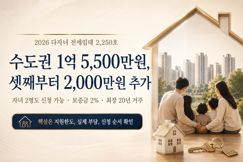 2026 다자녀 전세임대 2,250호｜수도권 1억5,500만원, 셋째부터 2천만원 추가