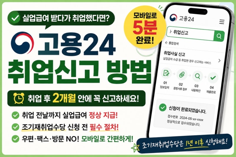 실업급여 받다가 취업했다면? 취업 후 2개월 안에 꼭! 고용24 취업신고 방법 (2026 최신)