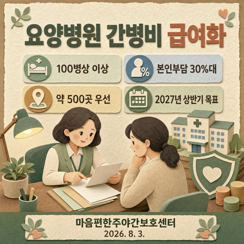 요양병원 간병비 급여화 추진, 100병상 이상부터 본인부담 30%대로 (2027 시행 목표)