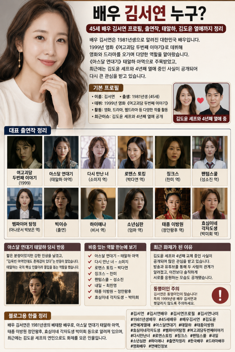 배우 김서연 누구? 45세 배우 김서연 프로필, 출연작, 태알하, 김도윤 열애까지 정리