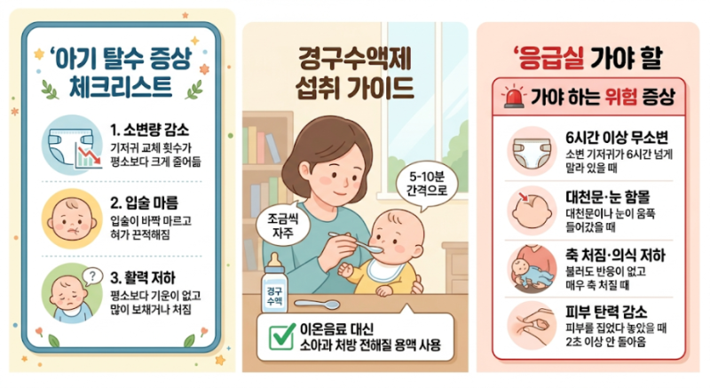 아기 탈수 증상 체크리스트: 기저귀 소변 횟수부터 응급실 기준까지
