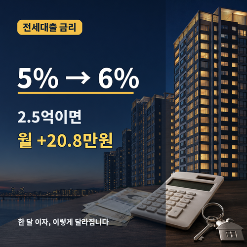 전세대출 금리 5%에서 6% 오르면 얼마 늘까? 1억·2억·2억5000만원 월이자 계산