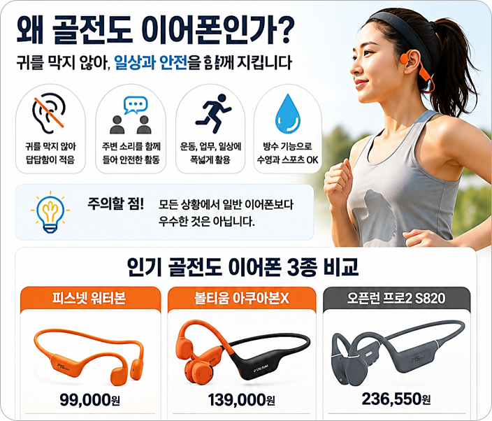 골전도 이어폰 추천! 피스넷 워터본·볼티움 아쿠아본X·오픈런 프로2 비교해 보니 선택 기준....