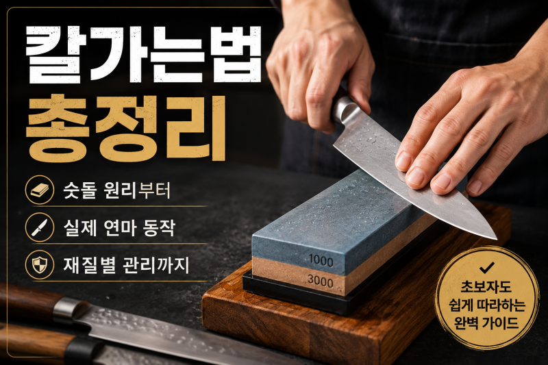 칼가는법 총정리 — 숫돌 원리부터 실제 연마 동작, 재질별 관리까지