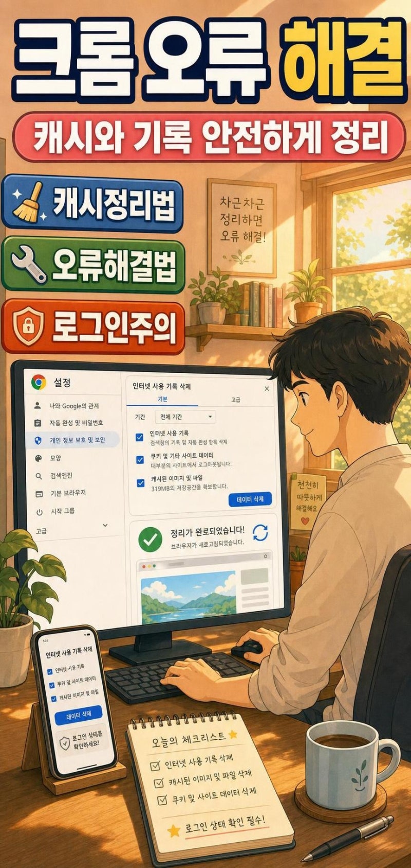 크롬 인터넷 사용기록 및 캐시 삭제 방법, 오류는 잡고 로그인은 지키는 순서
