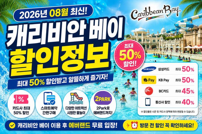 2026 캐리비안 베이 할인 총정리｜최대 50% 할인받는 방법 (+삼성카드·KB Pay·BC카드·2Park 무료....