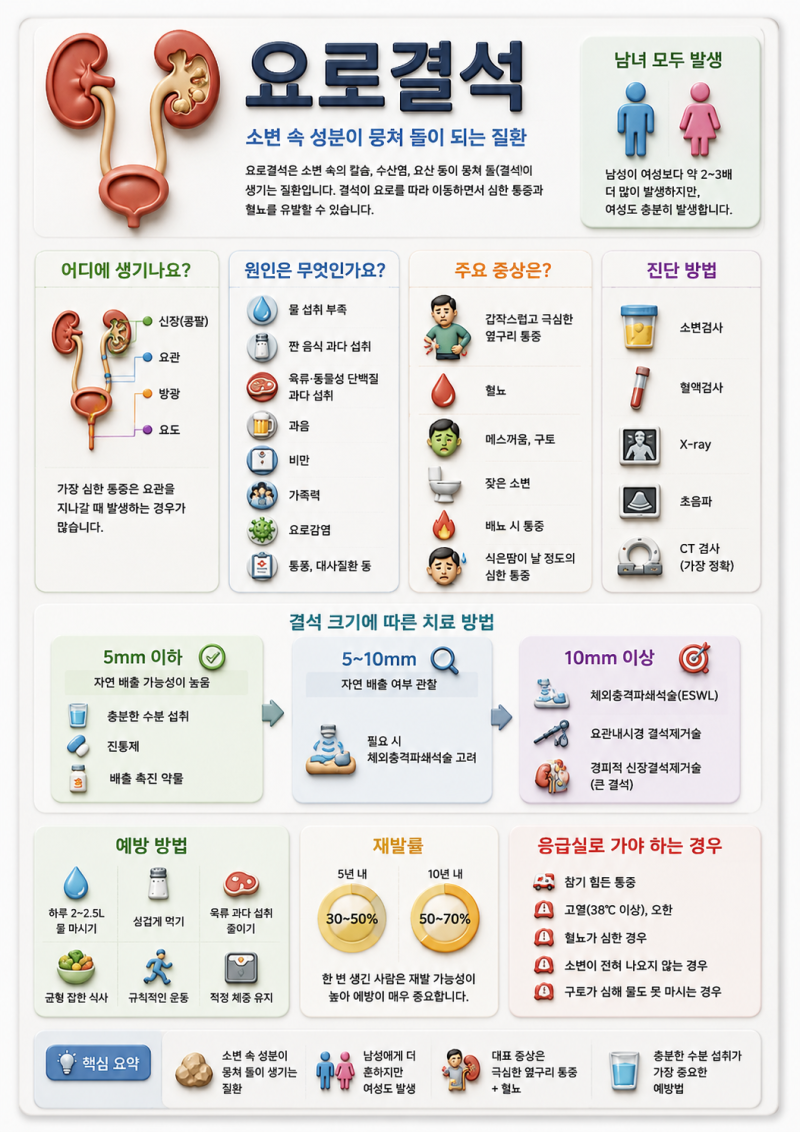 극심한 옆구리 통증, 혹시 '요로결석'? 원인부터 크기별 치료법·재발 예방법까지 총정리!