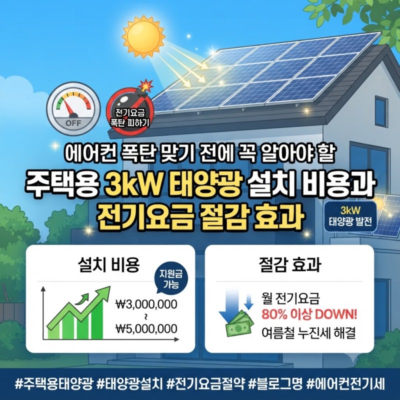 에어컨 폭탄 맞기 전에 꼭 알아야 할 주택용 3kW 태양광 설치 비용과 전기요금 절감 효과