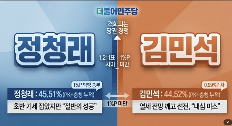 1위 <b>정청래</b> 울상.... 2위 <b>김민석</b> 화색