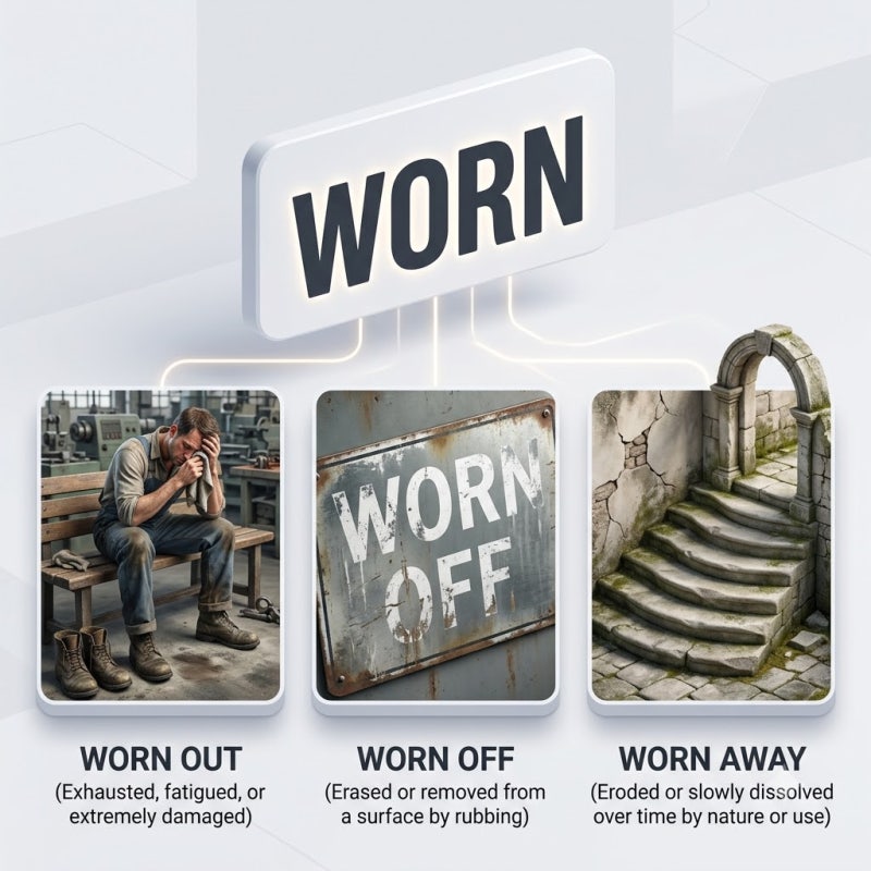 worn out, worn off, worn away 뜻, 차이