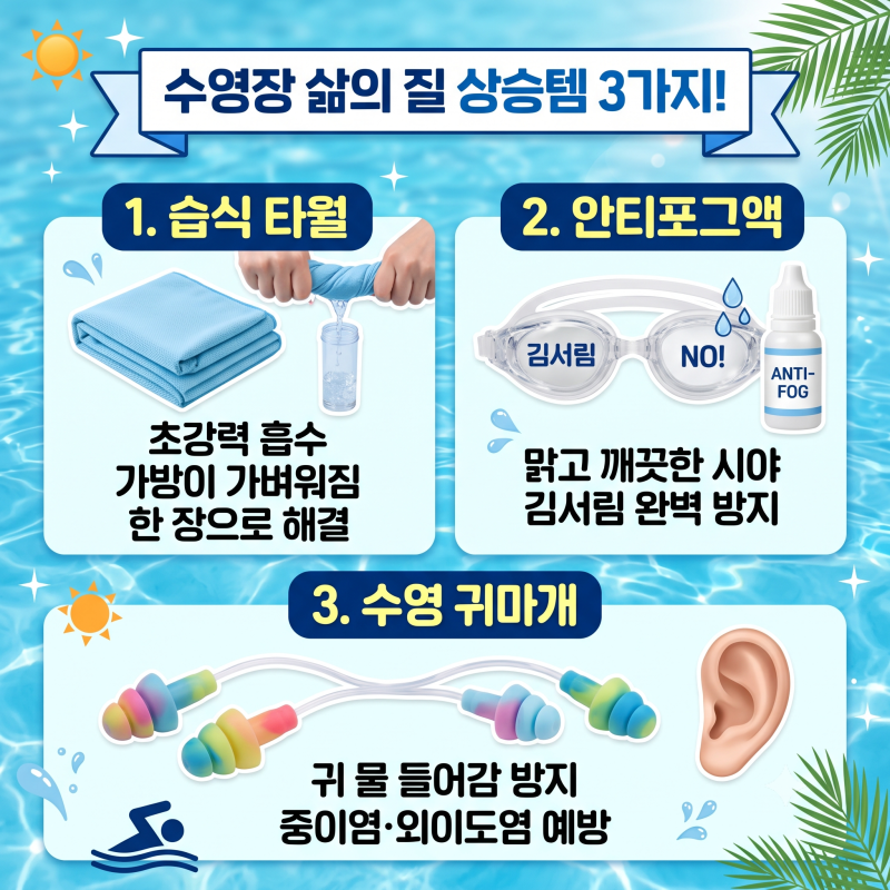 [수영장 준비물] 물놀이 삶의 질 상승템 3가지! 습식 타월, 안티포그액, 귀마개 완벽 활용법 ....