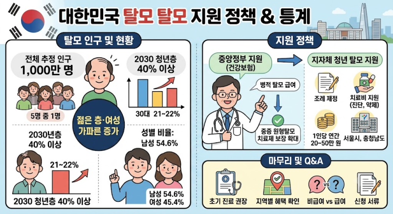 탈모 정부 및 지자체 지원 정책 총정리 (건강보험 적용 범위, 인구 및 연령대 비율)