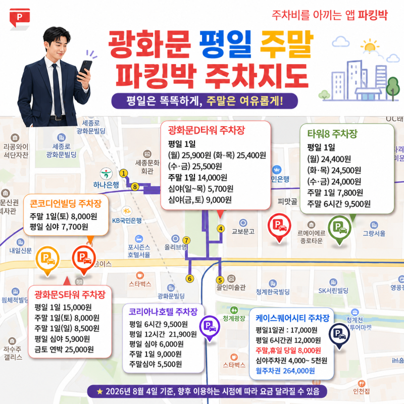 광화문.청계천.다동 직장인 월주차 264,000원(케이스퀘어시티, 평일 17,000원/ 주말 8천원)/ 그랑....