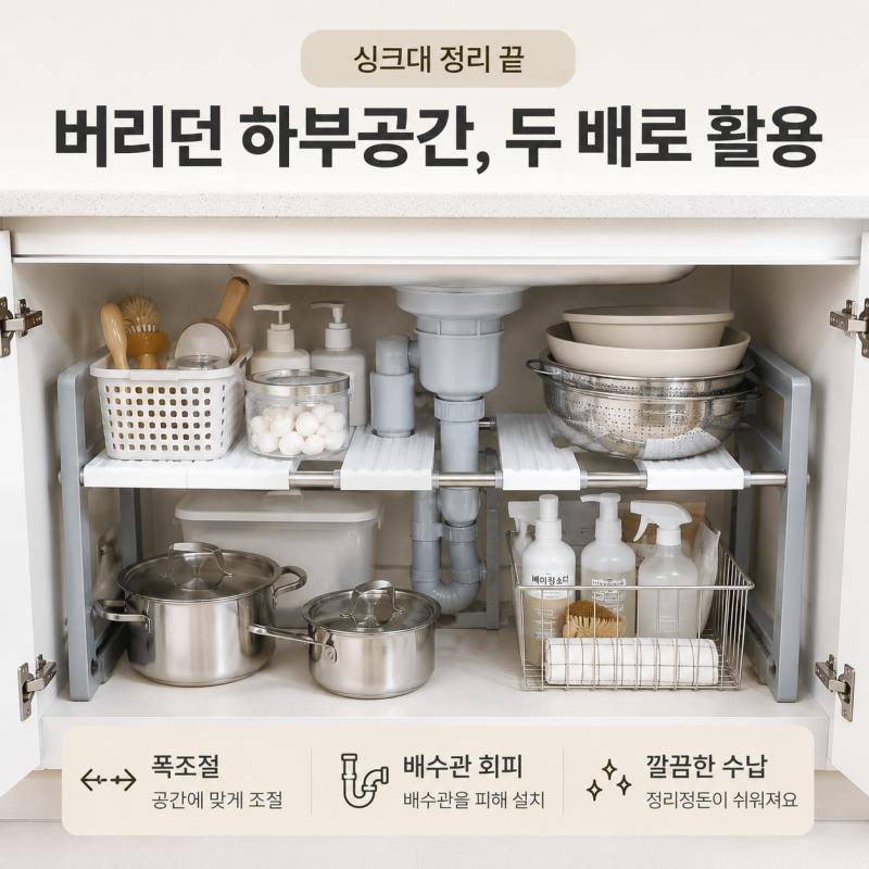 싱크대 하부장 선반, 냄비와 세제가 뒤엉키는 공간 정리 방법