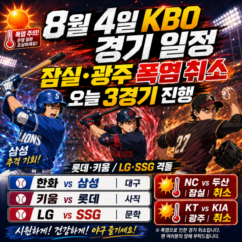 2026년 8월 4일 KBO 경기 일정·선발투수 총정리｜KT 7연승 도전, 삼성은 대구에서 반격할까