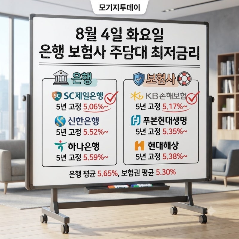 SC 제일은행 주담대 금리 5.06% 등 8월 4일 은행 보험사 주택모기지론 주택담보대출 최저 금리 ....