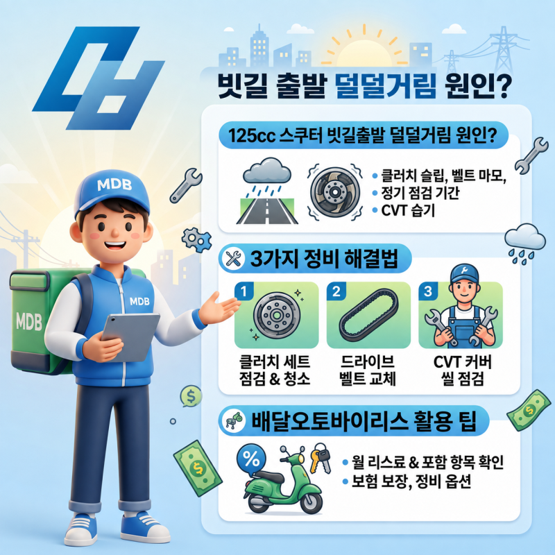 125cc 스쿠터 빗길 출발 덜덜거림 원인? 3가지 정비 해결법과 배달오토바이리스 활용 팁