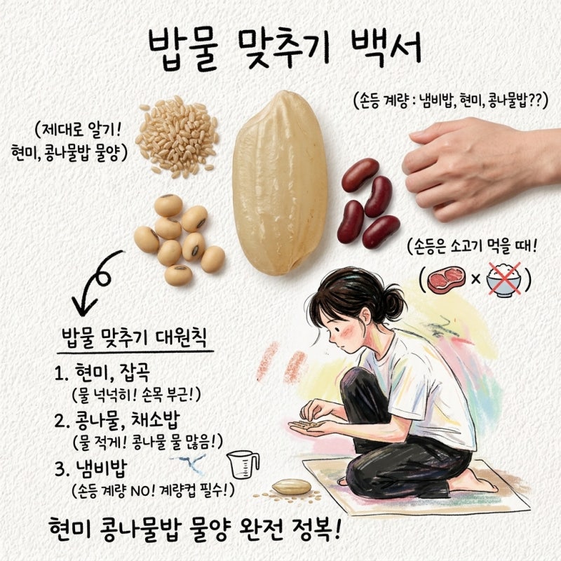 밥물 맞추는 법 손등 계량이 맞는 경우와 아닌 경우 냄비밥 현미밥 콩나물밥 물양 정리