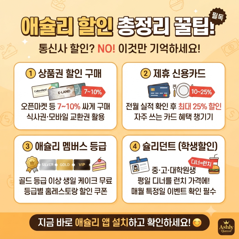 애슐리 퀸즈 할인방법 총정리(2026년, 런치 가격, 메뉴 추천, 시즌)
