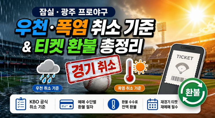 잠실·광주 <b>프로야구</b> 경기 <b>우천</b> 및 폭염 <b>취소</b> 기준과 티켓 환불 총정....