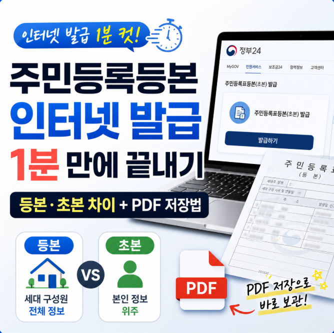 주민등록등본 인터넷 발급 1분 만에 끝내기 (등본·초본 차이 + PDF 저장법)